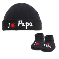 HB30-BLK: Black I ♡ Mama/Papa Hat & Bootee Set